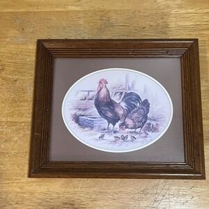 Vtg T.C. Morris Rooster Hen Chickens Framed Art Print Farmhouse Country Decor